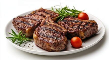 Grilled lamb chops with rosemary and tomatoes on a plate. Perfect for restaurant menus, culinary blogs, or food advertising.