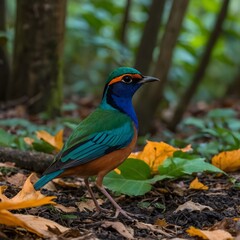 Fototapeta premium Colorful Pitta Hopping on the Forest Floor, Bathed in Soft Light