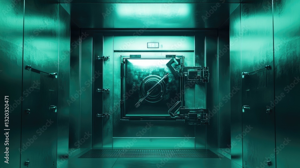 Poster blockchain security architecture displayed as a futuristic digital vault with encrypted transactions