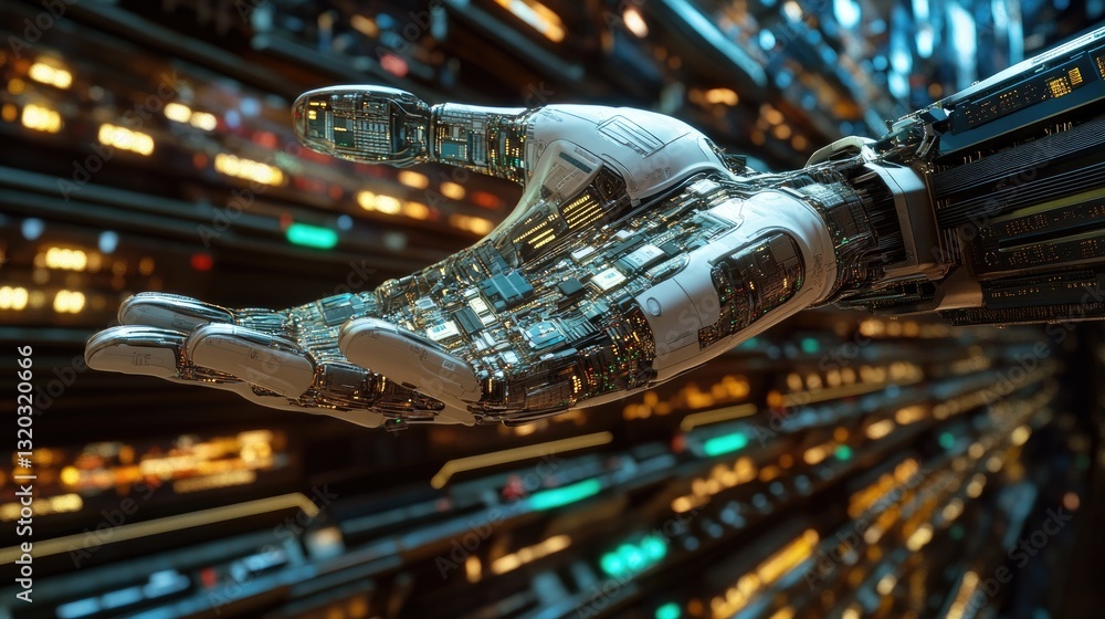 Poster close-up of an ai-powered robotic hand with electronic circuits and microchips integrated inside.