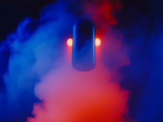 A blue cylinder shape with orange lights and colorful smoke surrounds it
