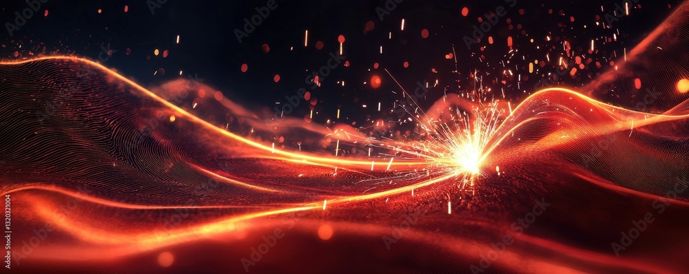 Poster a vibrant abstract design featuring flowing orange and red waves with sparkling elements, suggesting