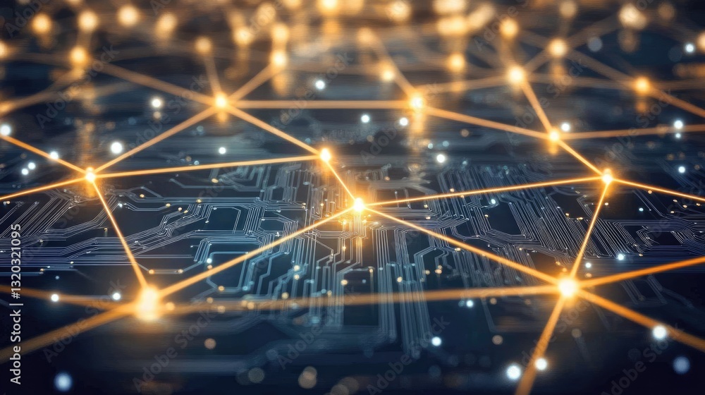 Poster close-up of a circuit board with glowing microchips and intricate electrical connections, symbolizin