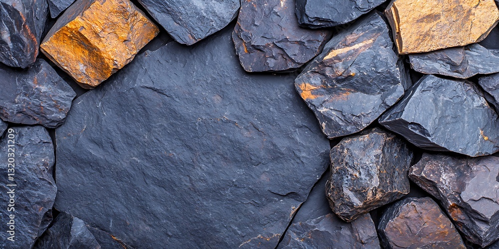 Poster a textured arrangement of dark and golden stones, creating a natural, rustic background with a centr