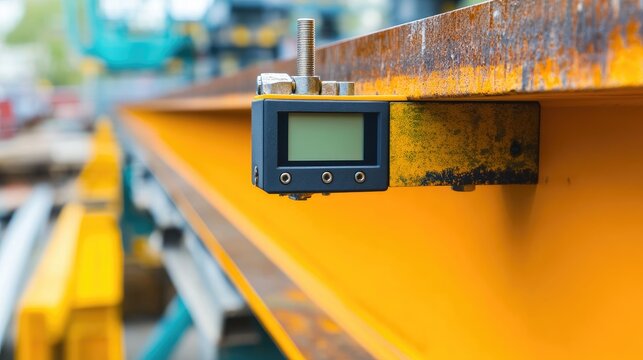 Close-up of a digital inclinometer measuring the angle of a construction beam.