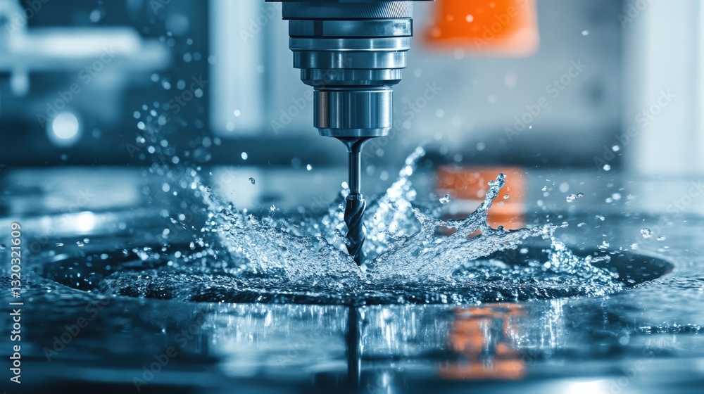 Poster close-up of a high-speed drill press working on a mechanical component.