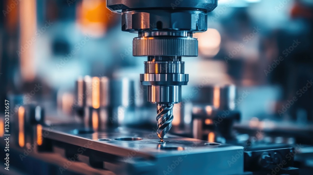 Poster close-up of a high-speed drill press working on a mechanical component.