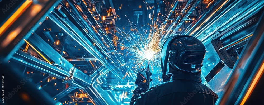Poster a person in a helmet works with bright, glowing materials, creating sparks in a futuristic, high-tec