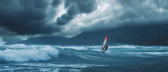 A woman windsurfing through the powerful ocean waves with storm clouds looming over the mountain range in the distance creating a cinematic and contemporary landscape scene