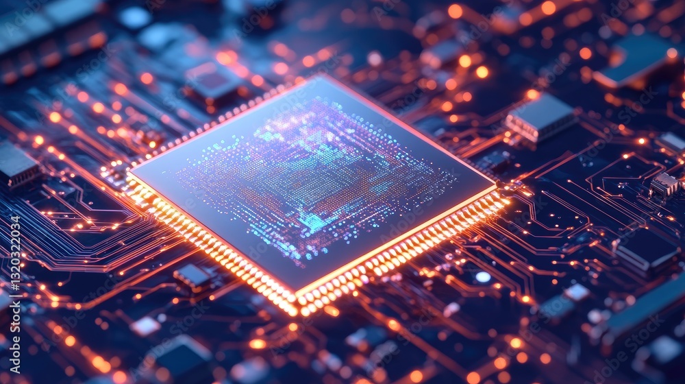 Poster close-up of a microchip with software-driven circuits glowing in a futuristic digital environment.