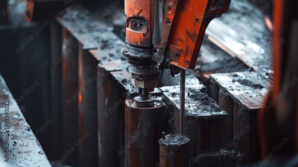 Poster close-up of a pile driving machine installing deep foundation supports for a new bridge.