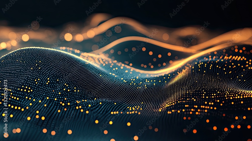 Aufkleber abstract floating wave of small glowing dots, high-tech and futuristic on dark background