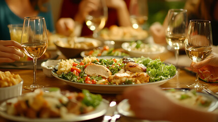 Festive Feast: Capturing the warmth of a gathering, a table laden with an array of delicious dishes, with wine glasses, invites viewers to savor the moment of shared meals and cheerful conversations.