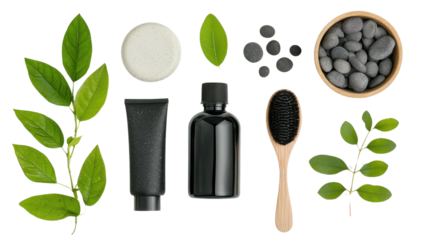 Flat lay composition with natural skincare or beauty products including bottles jars and brushes surrounded by green leaves stones and other natural elements  Minimalist organic
