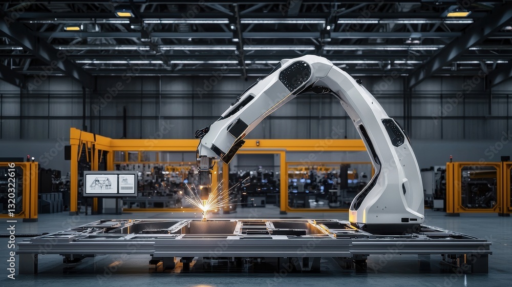 Poster a robotic arm welding components in a modern industrial setting, showcasing advanced automation and 