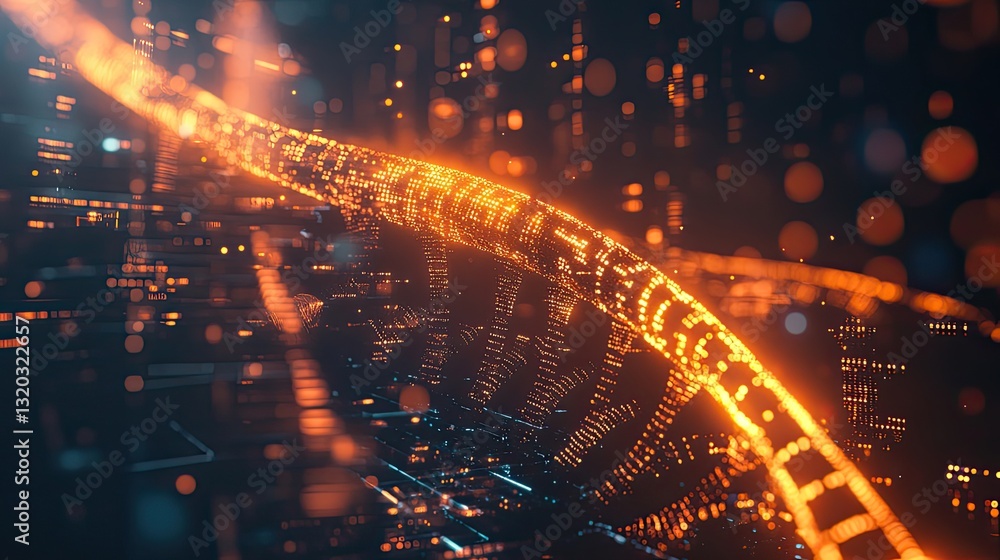 Poster abstract glowing dna helix with floating digital particles on a high-tech medical background