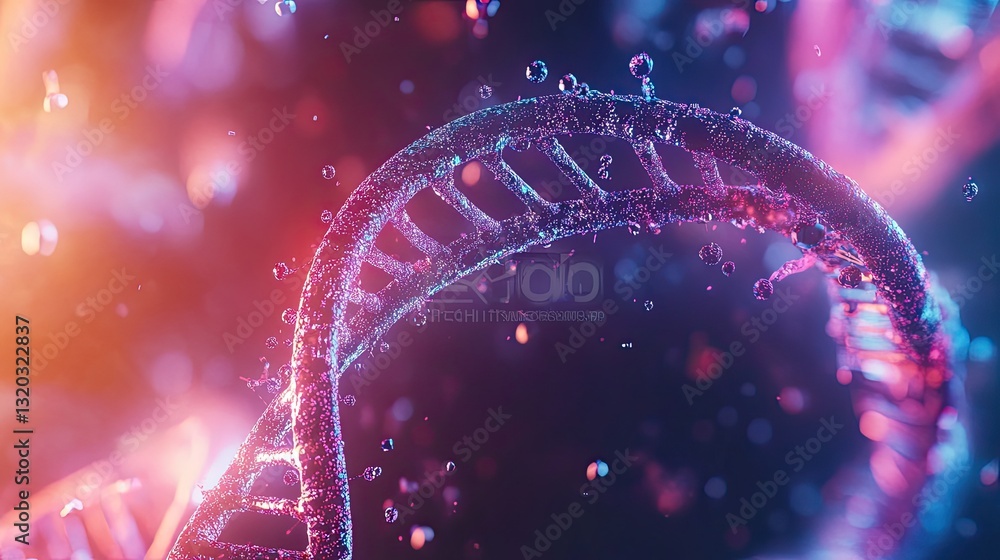 Poster abstract glowing dna helix with floating digital particles on a high-tech medical background