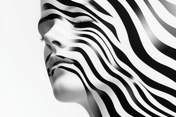 Surreal portrait of a woman with flowing black and white stripes merging into her face, creating an abstract optical illusion effect