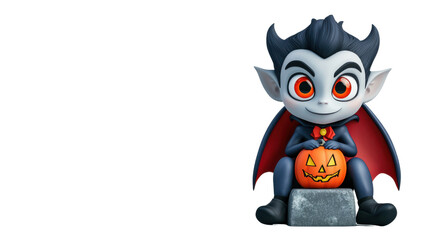 Obraz premium Cute and Spooky Vampire Character Figurine Holding a Jack o Lantern Pumpkin for Halloween Party and Autumn Season
