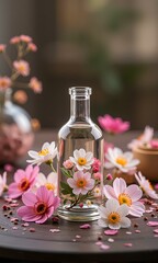 Obraz premium A glass bottle filled with water and flowers.