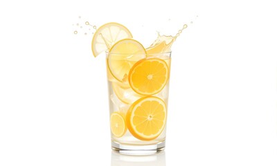 A glass of water with oranges and lemons in it.