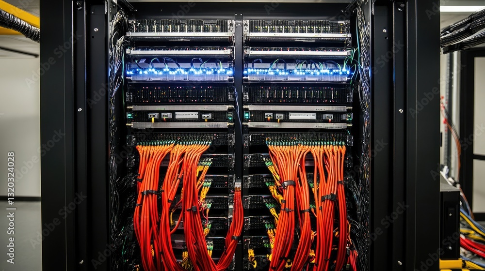 Poster cloud computing infrastructure with data centers and network cables connecting globally.
