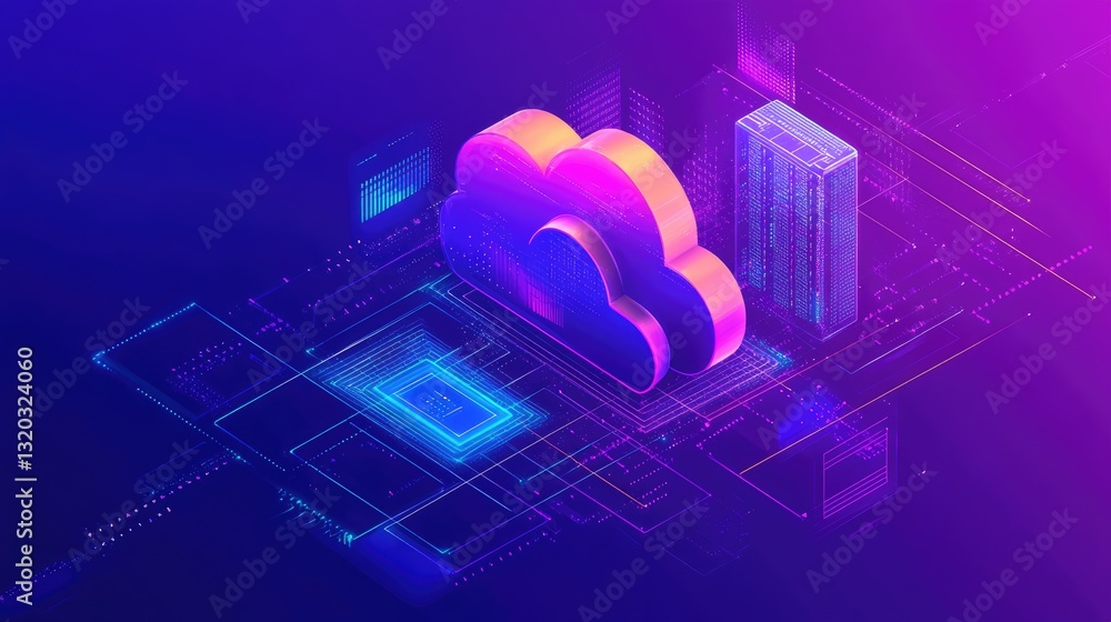 Poster cloud computing infrastructure with data centers and network cables connecting globally.
