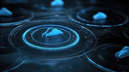 Cloud server racks with glowing status lights, representing software deployment and data management.