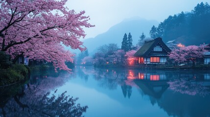 Fototapeta premium old traditional shirakawago japanese village with pink blooming cherry blossom trees at Mount Fuji countryside of Japan.
