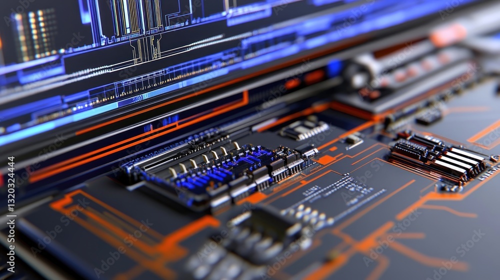 Poster computer-aided design cad software running a hardware schematic for electronic circuits.