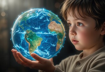 Child holds glowing globe symbolizing global awareness and care