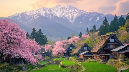old traditional shirakawago japanese village with pink blooming cherry blossom trees at countryside of Japan.