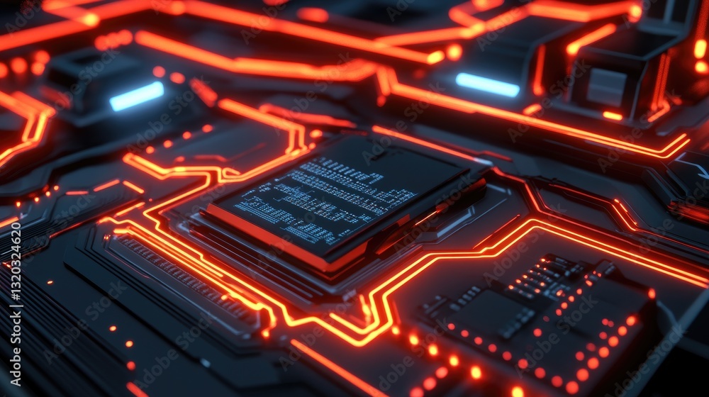 Poster computer motherboard with intricate soldered connections and microchips, emphasizing hardware design