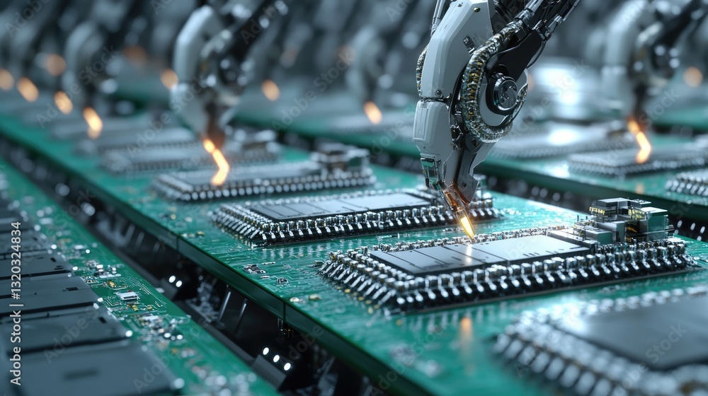 Poster computer processor assembly line with robotic arms placing transistors on silicon wafers.
