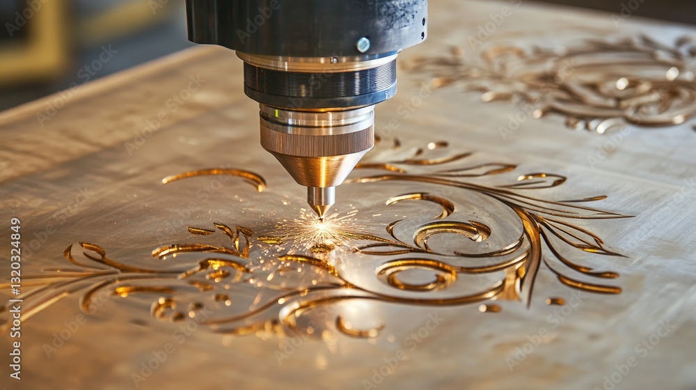 Poster computer numerical control cnc machine operating on a metallic workpiece, cutting with high precisio