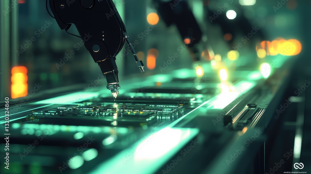 Poster computer processor assembly line with robotic arms placing transistors on silicon wafers.