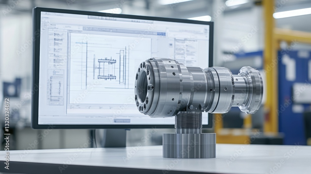 Poster computer screen displaying mechanical engineering cad designs, with a mechanical assembly on the tab