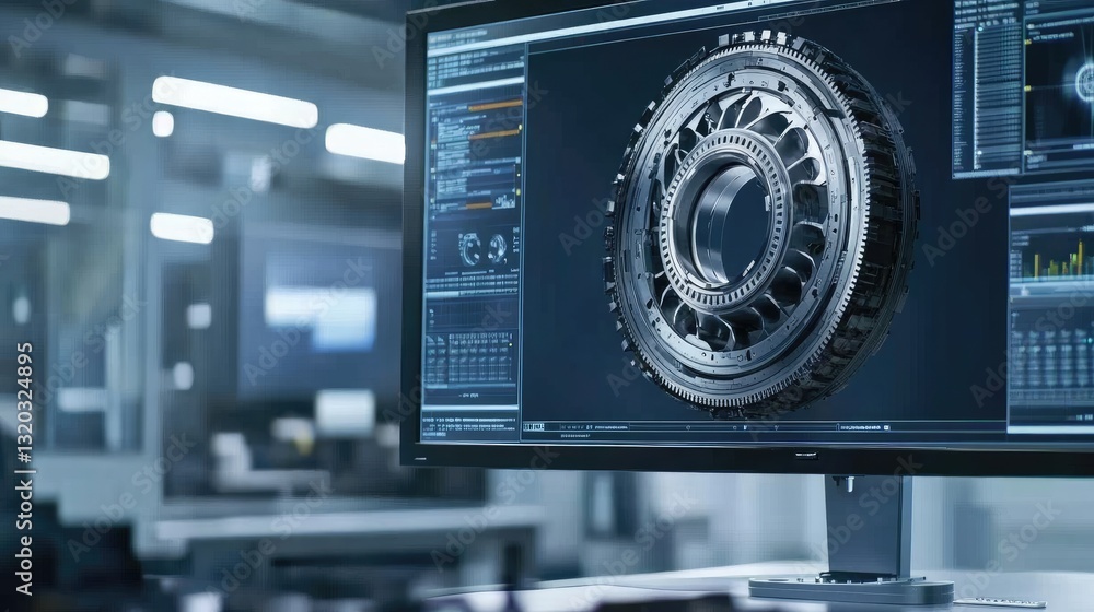 Poster computer screen displaying mechanical engineering cad designs, with a mechanical assembly on the tab