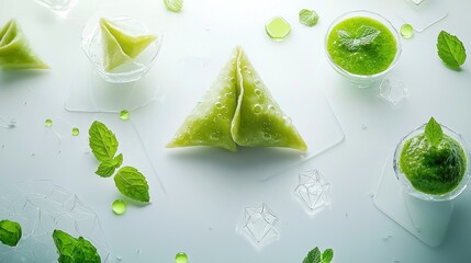 Green savory pastries with mint sauce.