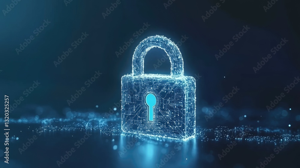 Poster cybersecurity encryption concept with a digital padlock protecting sensitive system data.