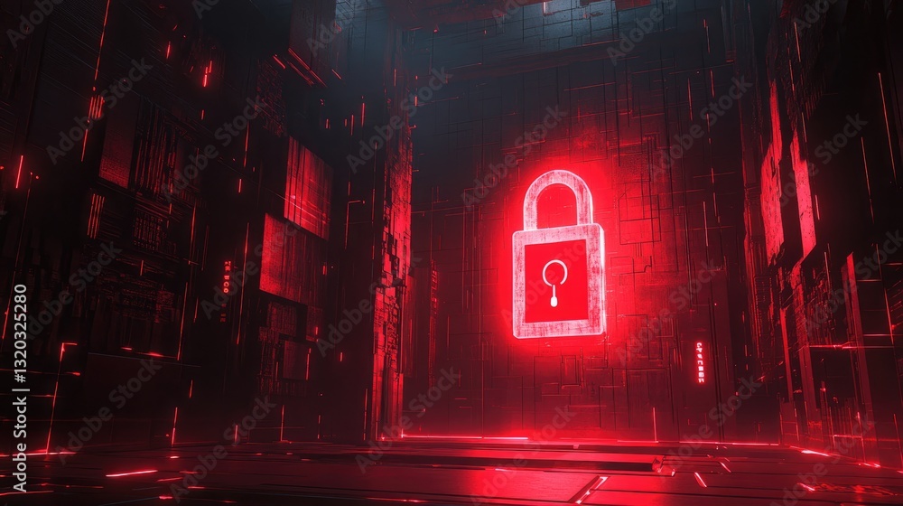 Poster cybersecurity encryption concept with a digital padlock protecting sensitive system data.