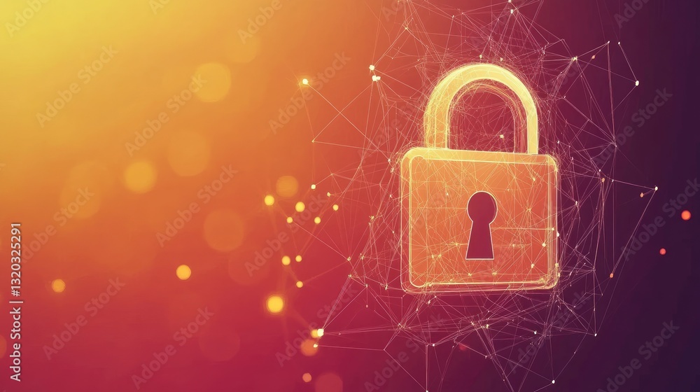Poster cybersecurity encryption concept with a digital padlock protecting sensitive system data.