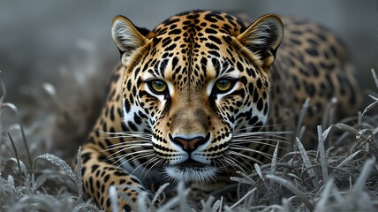 Obraz premium A jaguar sitting in grass during winter.