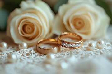 gold wedding rings white roses pearl accents elegant wedding invitation decoration