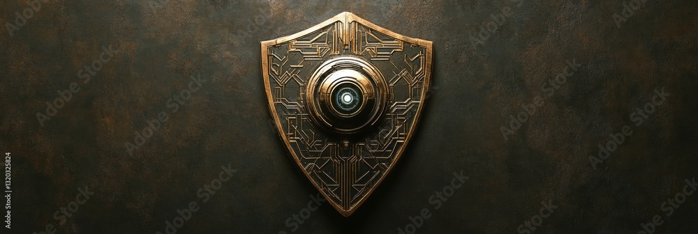 Poster Innovative shield design featuring cybernetic patterns and a robotic eye emphasizes the role of AI in modern cybersecurity measures