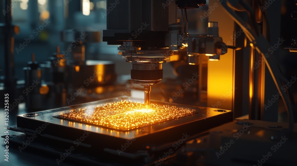 Poster precision robotic arm soldering microchip circuit board.