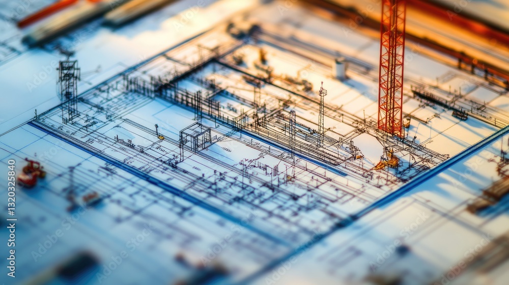 Poster detailed blueprint of a railway network displayed alongside construction site progress.