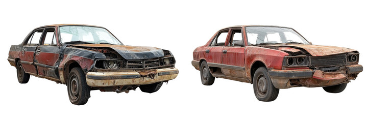 rusty damaged cars isolated on white background
