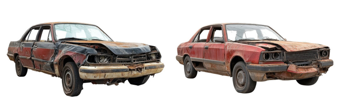 rusty damaged cars isolated on white background