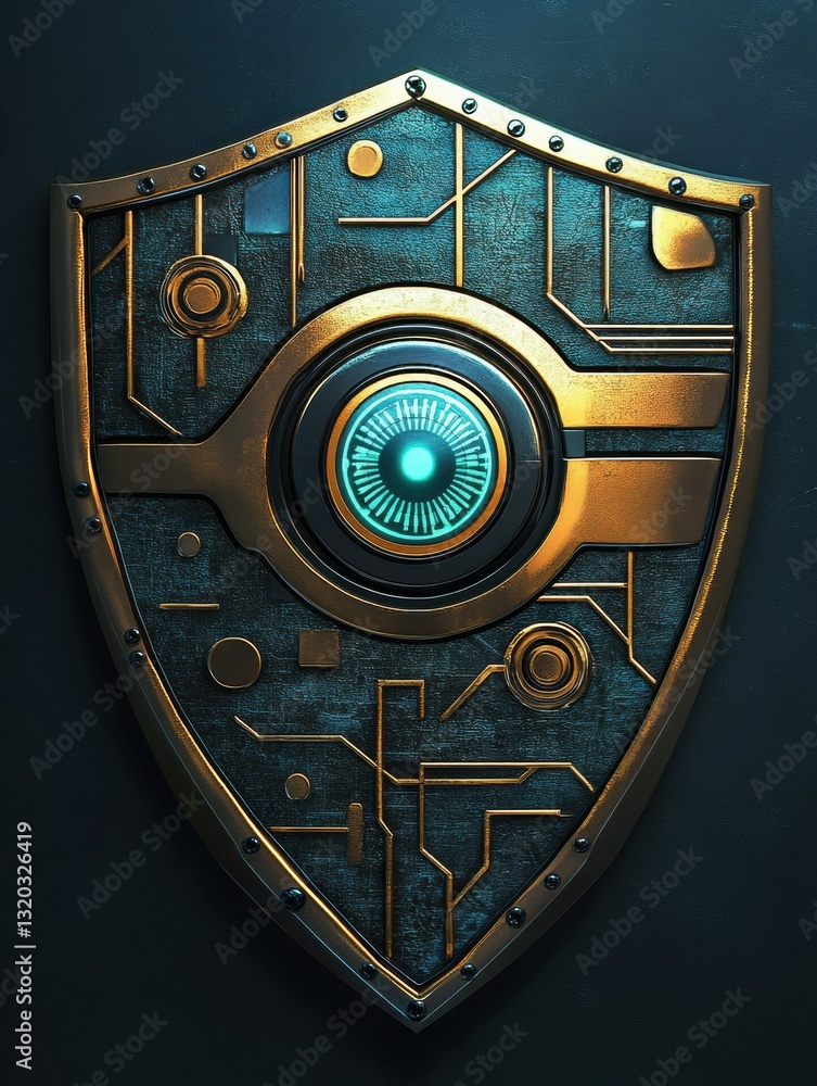 Poster shield with cybernetic patterns and a robotic eye symbolizing ai in cybersecurity for futuristic pro